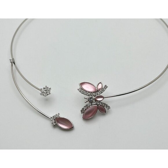 Pink Butterfly Silver Toner Choker Necklace Collar Rhinestone Accents - Picture 6 of 6